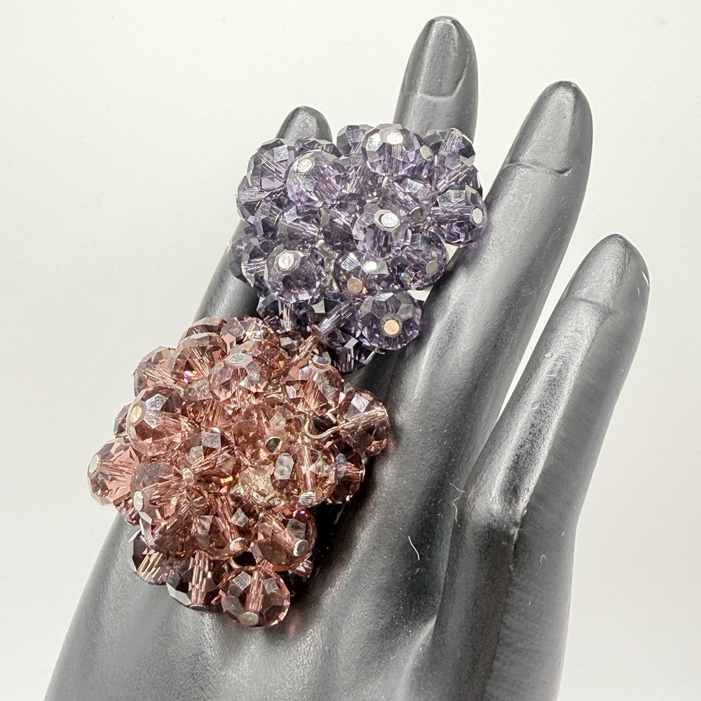 Vintage Pink & Purple Crystal Cluster Cocktail Cha Cha Stretch Rings Lot of 2